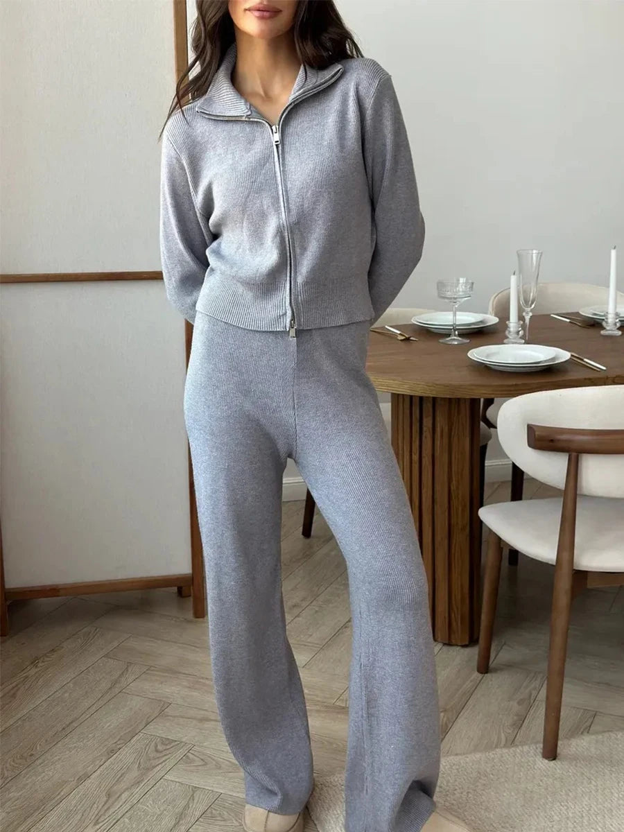 Soft Knit Zip Cardigan & Wide-Leg Pants Set