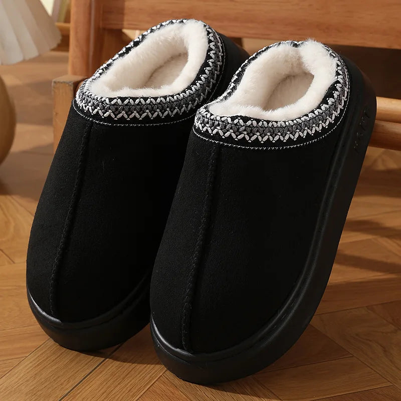 Faux Suede Embroidered Plush Platform Winter Clog Slippers