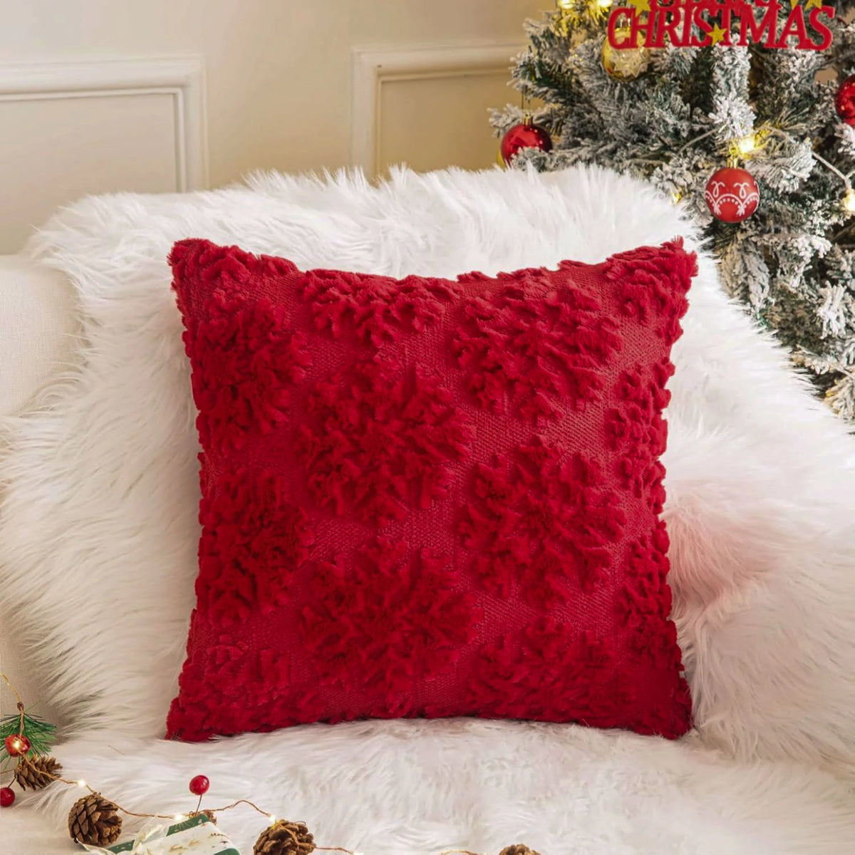 White Christmas Faux Fur Pillow Cover