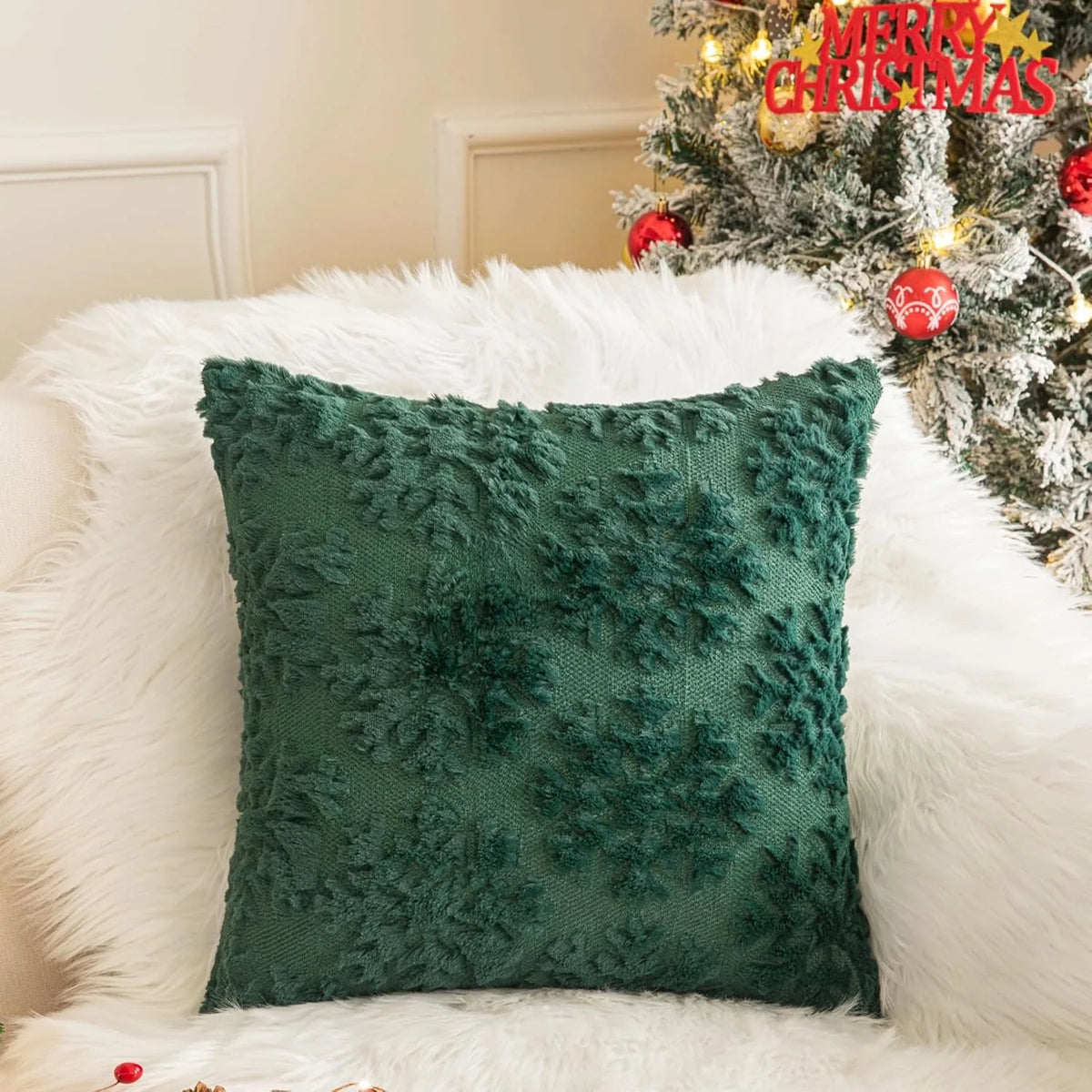 White Christmas Faux Fur Pillow Cover