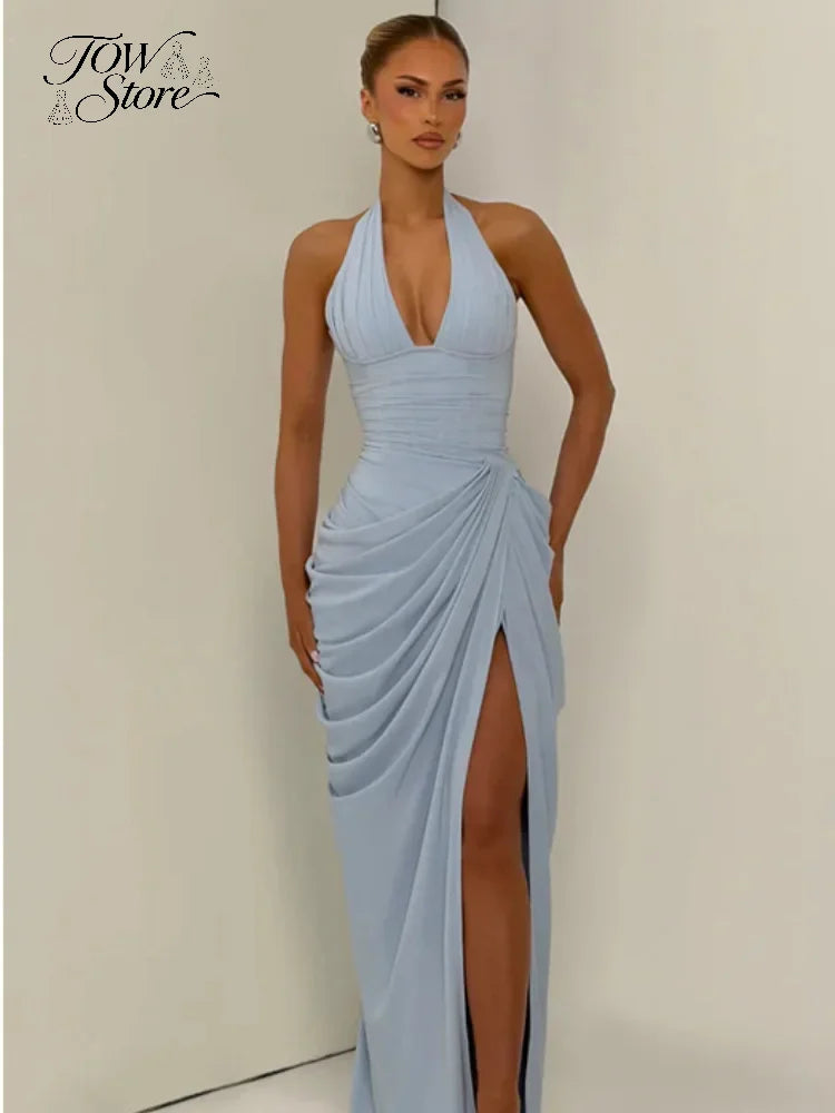 LaVirella Pleated Halter Maxi Dress