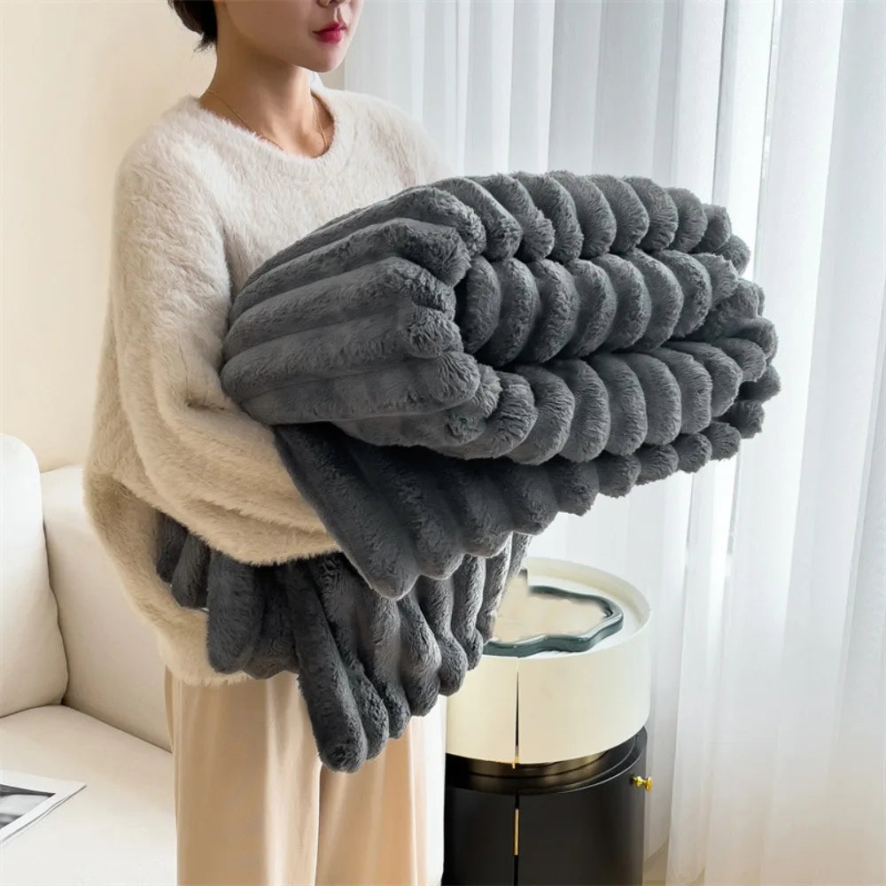 Double-Sided Plush Striped Throw Blanket