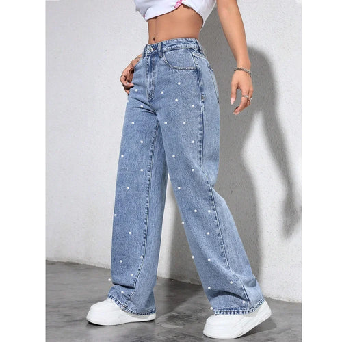 Beaded High-Waist Straight-Leg Jeans