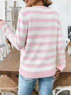 LaVirella Women's Striped Knit Cardigan – Loose Round Neck Metal Button Sweater