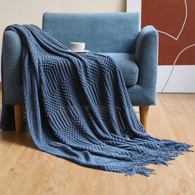 Dark Green Vintage Knit Tassel Throw Blanket