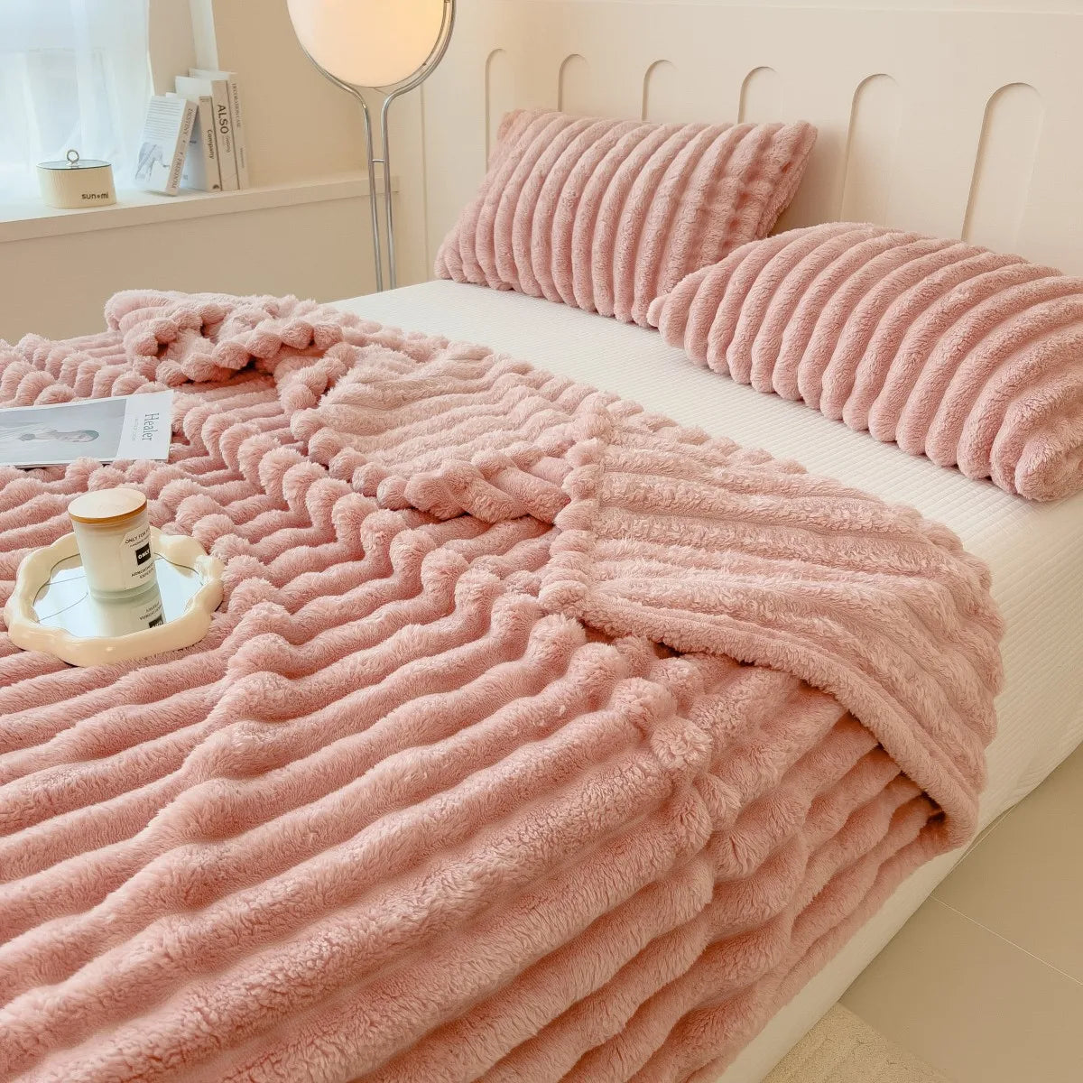 Thickened Wide Stripe Coral Fleece Blanket