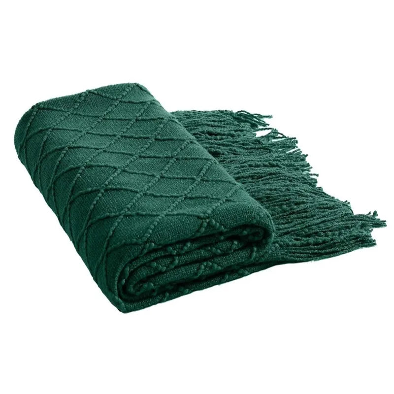 Dark Green Vintage Knit Tassel Throw Blanket