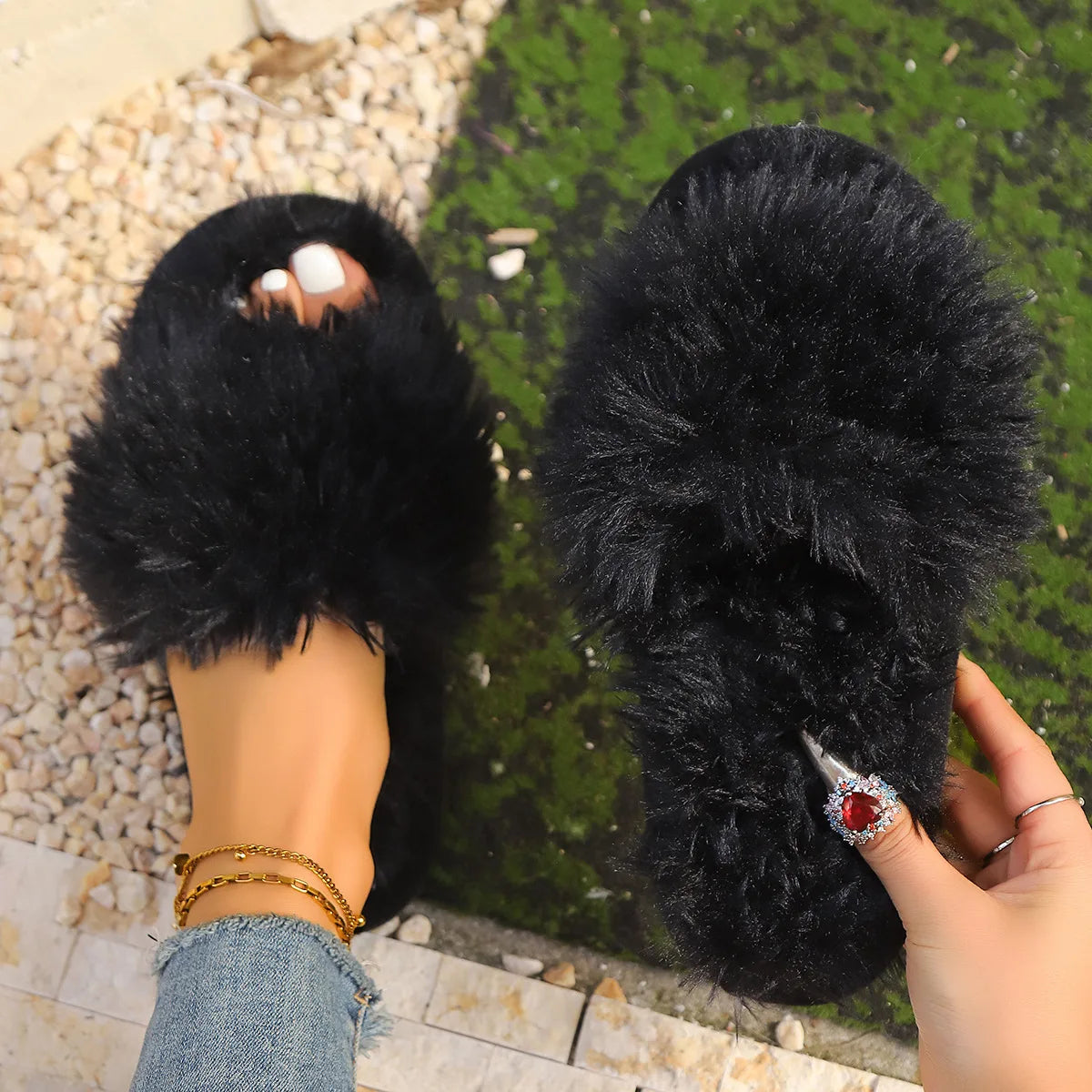 Fluffy Faux Fur Plush Indoor Slide Slippers