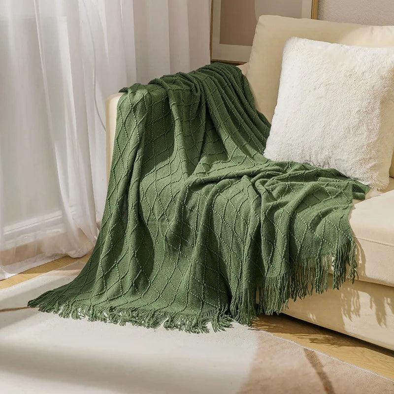 Dark Green Vintage Knit Tassel Throw Blanket