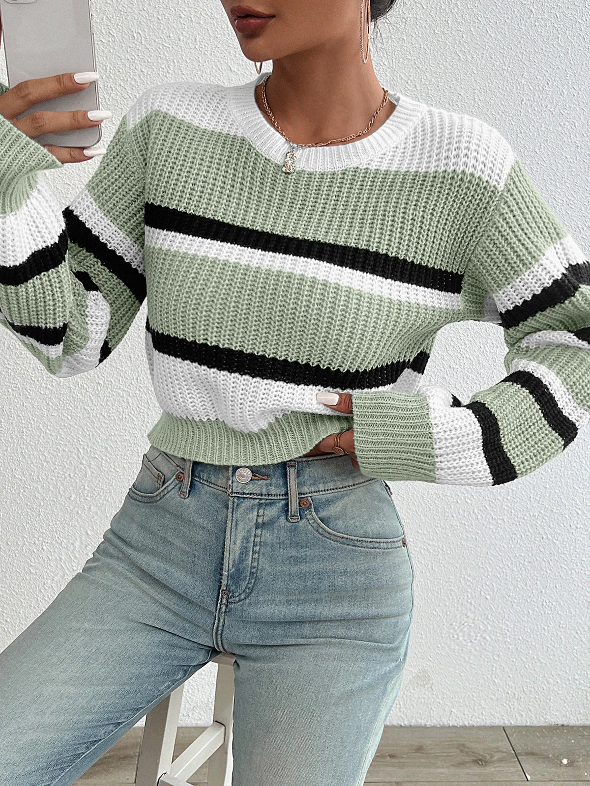 Color-Block Striped Knit Sweater