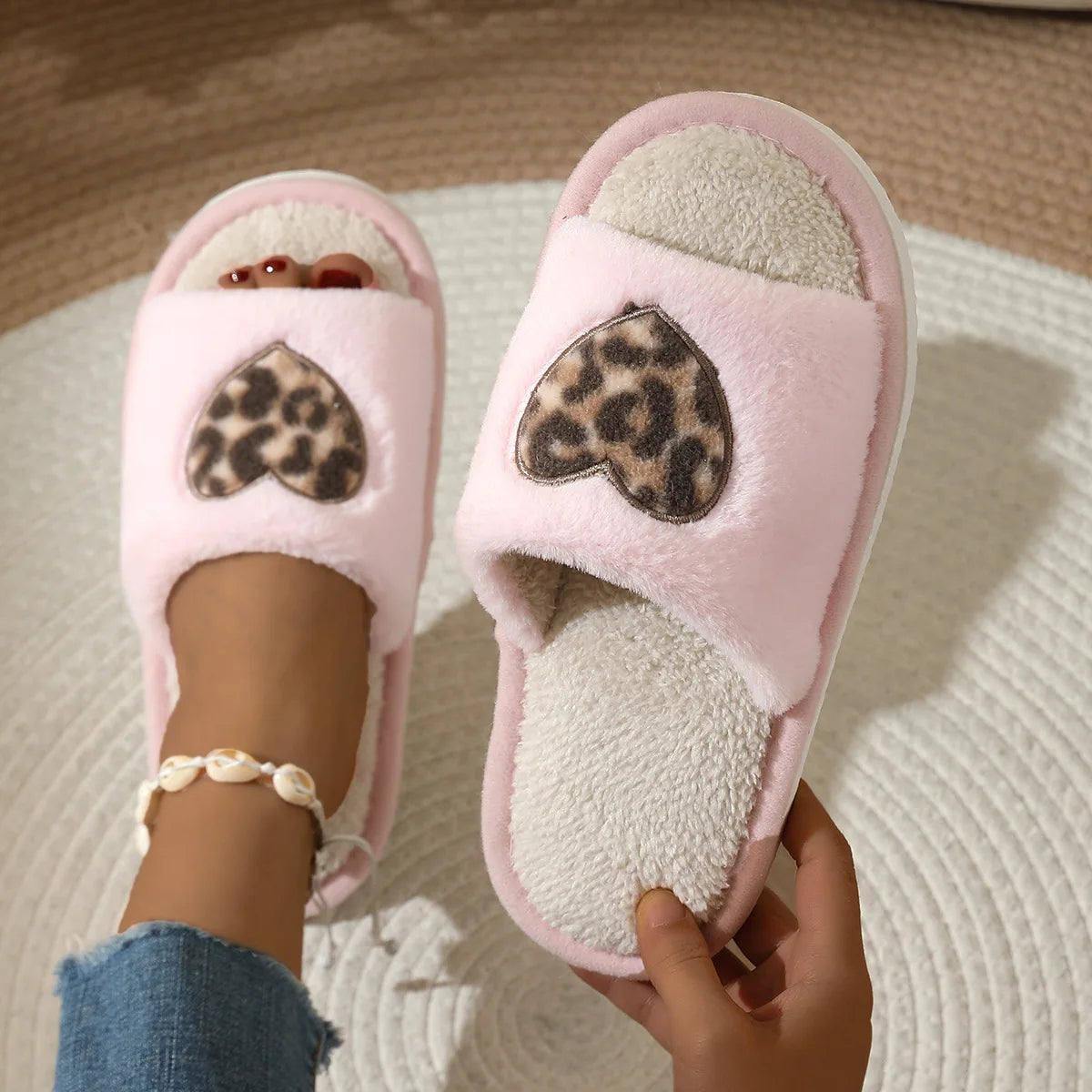 Leopard Heart Plush Slides