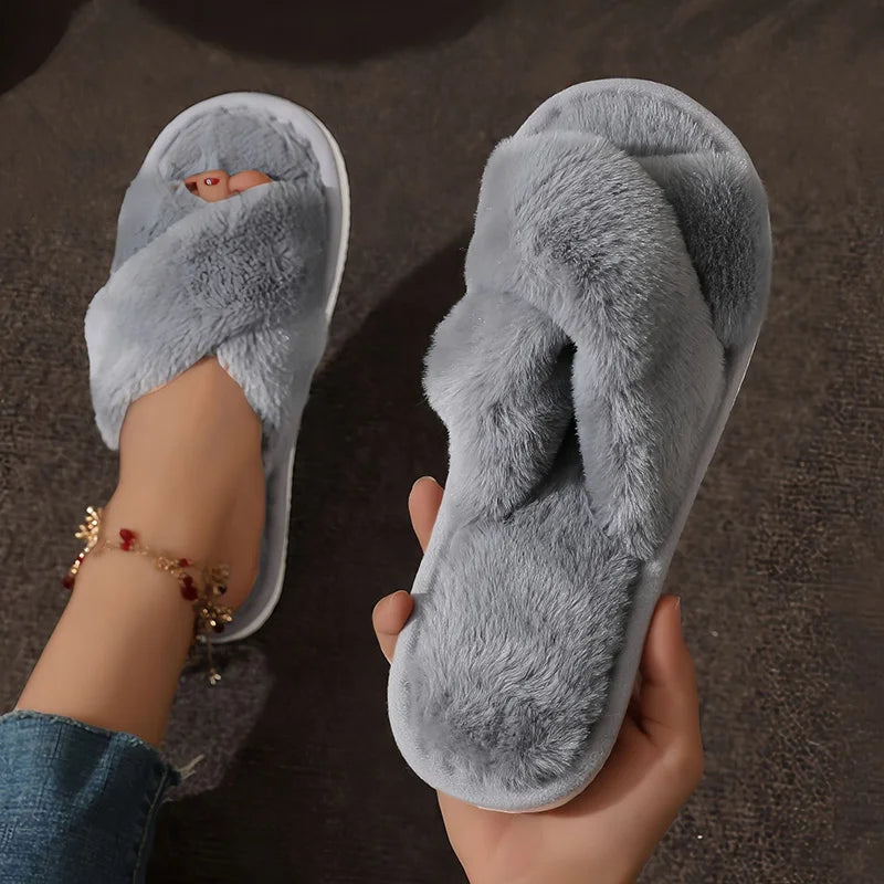 Cross-Strap Faux Fur Slippers