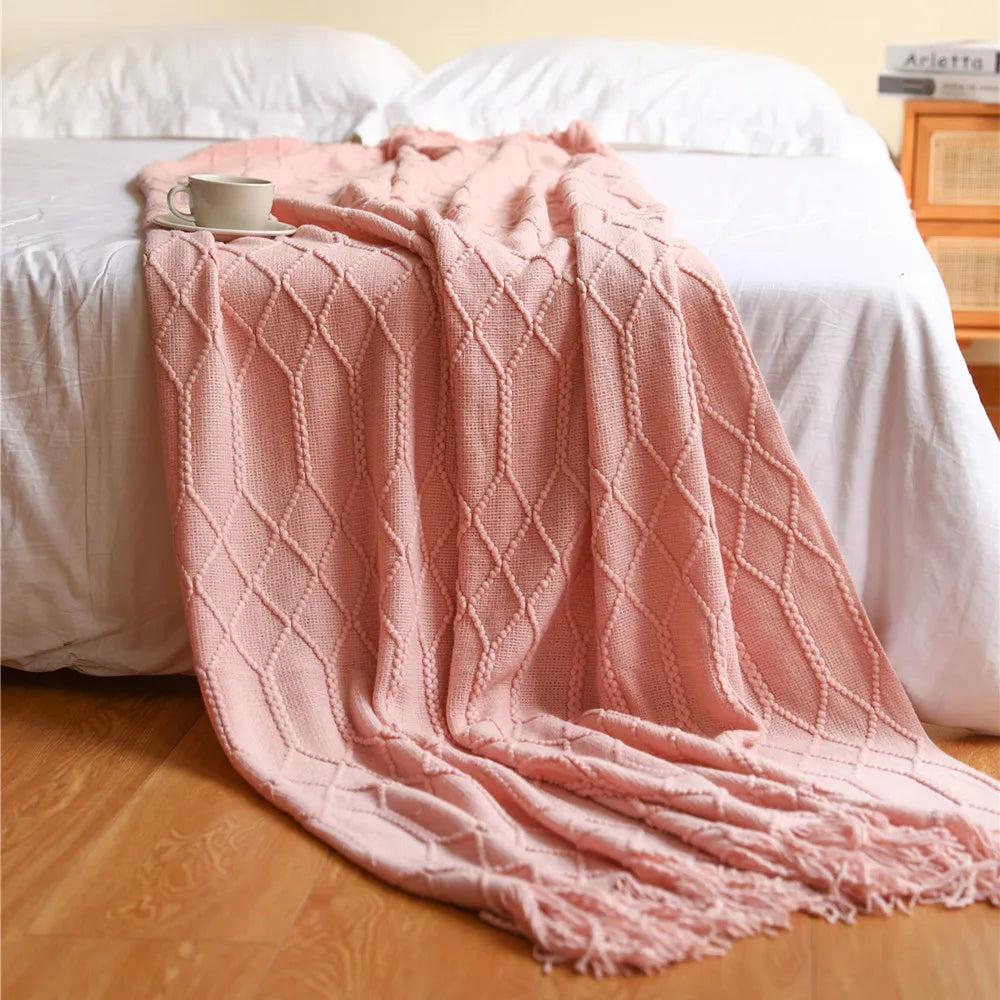 Textured Boho Knit Tassel Throw Blanket