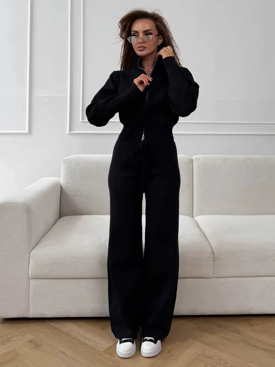 Soft Knit Zip Cardigan & Wide-Leg Pants Set
