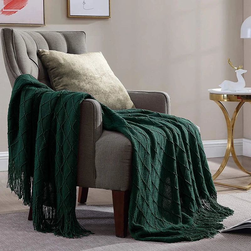 Dark Green Vintage Knit Tassel Throw Blanket