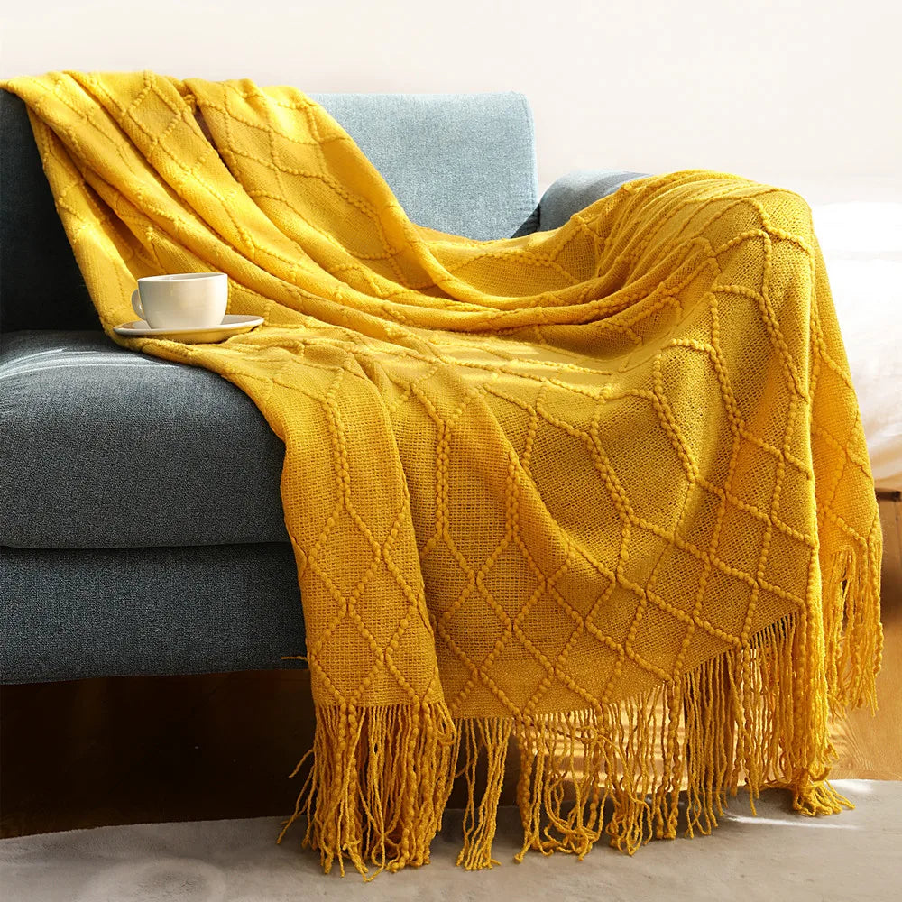 Dark Green Vintage Knit Tassel Throw Blanket
